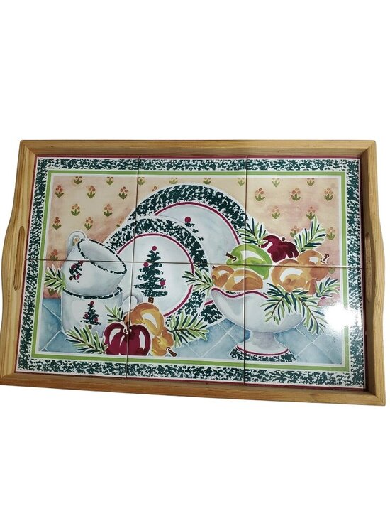 Furio Home Other - Furio Christmas Serving Tray tiles wooden handles 1999 Limited Edition Italy
